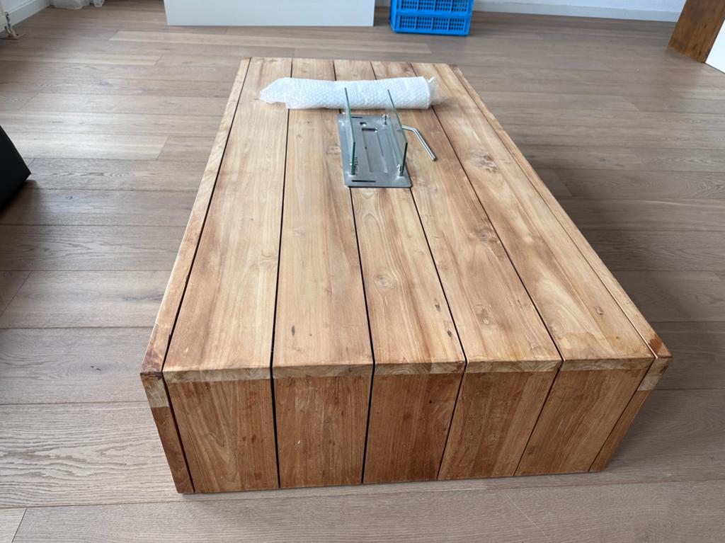 Salontafel Ruby Fires - Robuust Teakhout 150x80x32, Ophalen, Gebruikt, 100 tot 150 cm, Minder dan 50 cm