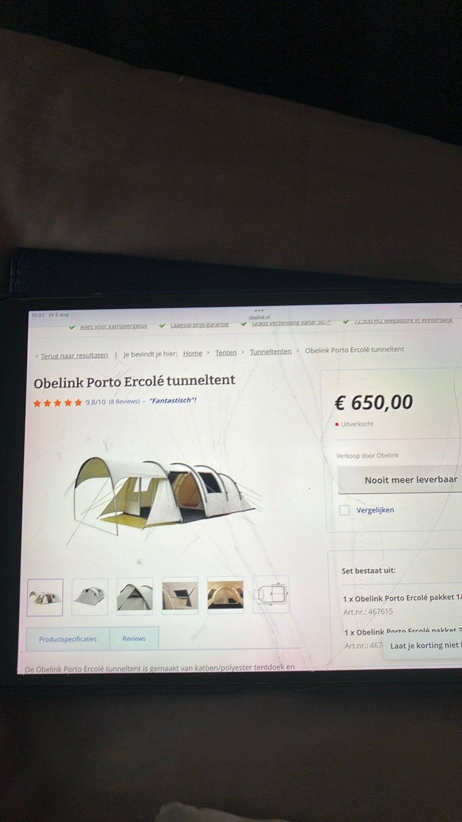 Obelink Porto Ercolé tunneltent - 4 personen, Ophalen, Gebruikt, Tot en met 4