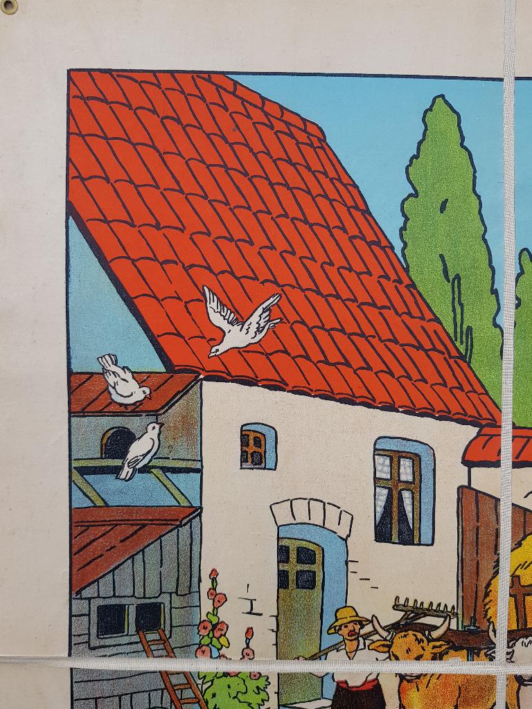 De boerderij oude schoolplaat uit Frankrijk litho op canvas., Ophalen of Verzenden