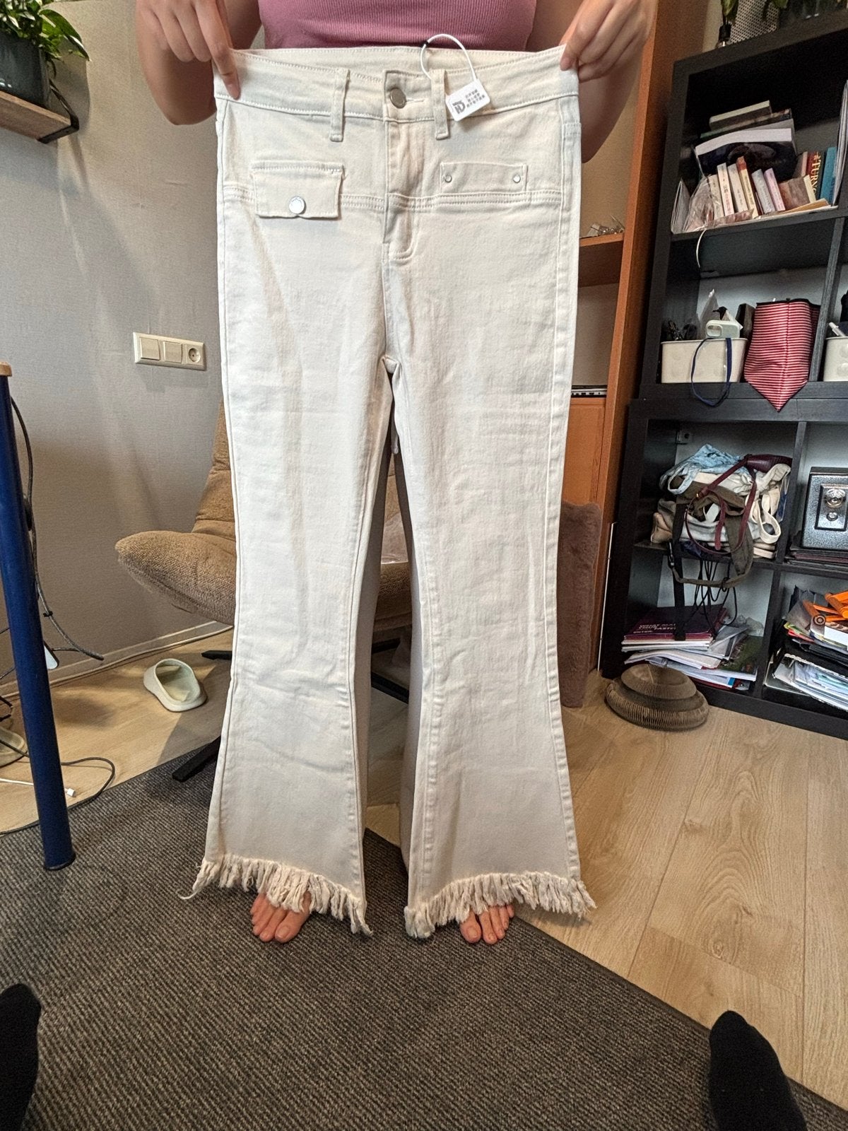 Nieuwe flared broek met franjes en label, Kleding | Dames, Broeken en Pantalons, Ophalen, Nieuw, Beige, Lang