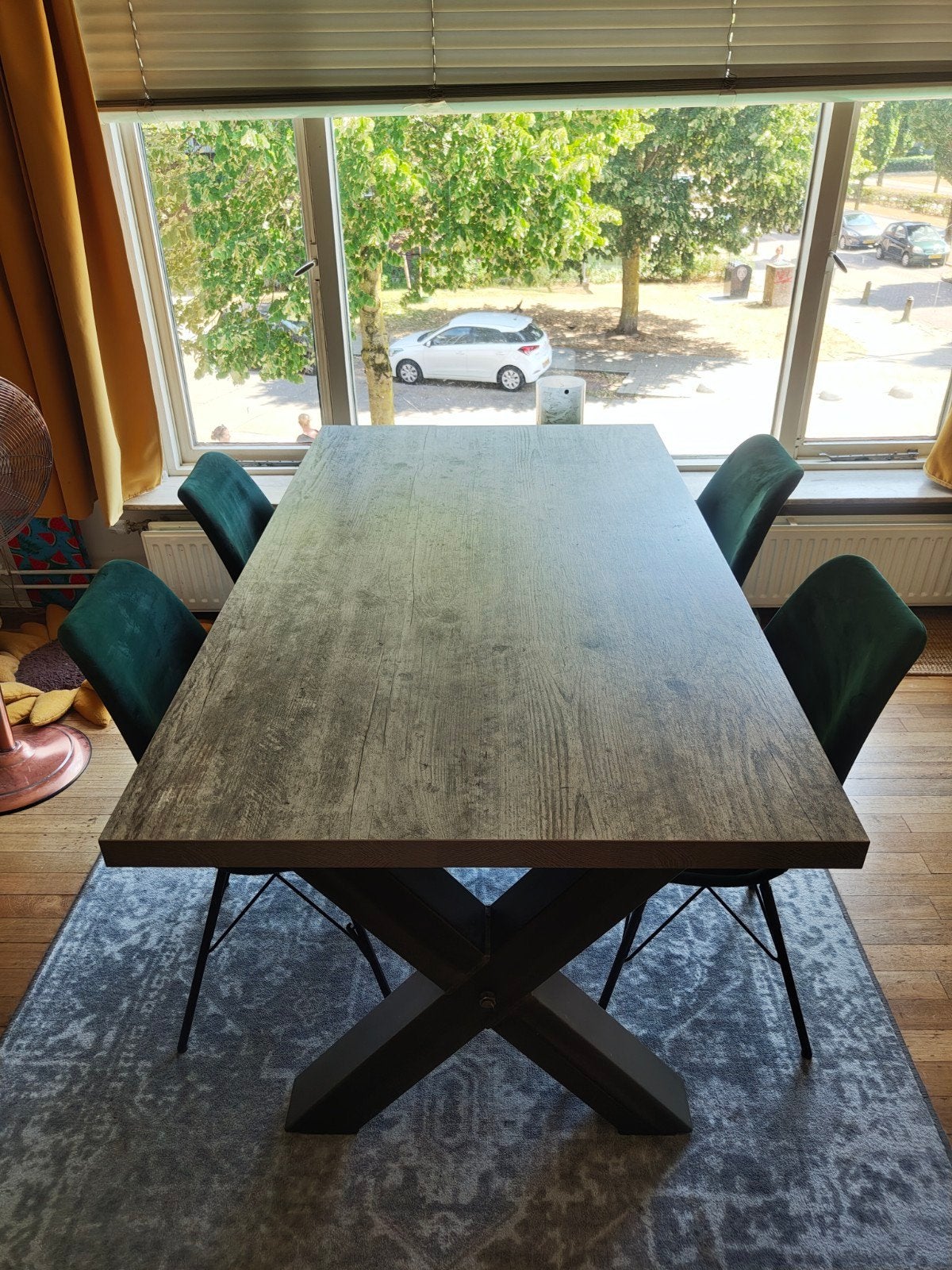 Eettafel met kruispoten van lamulux houtlook, Huis en Inrichting, Tafels | Eettafels, Ophalen, Overige materialen, Gebruikt, 50 tot 100 cm