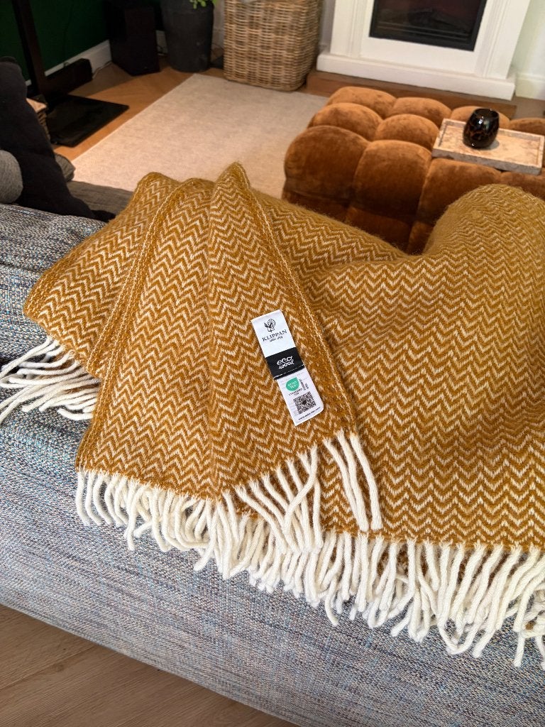 Klippan plaids wol, goudgeel en blauw, Huis en Inrichting, Woondeken, 130 cm, Wol, Ophalen of Verzenden