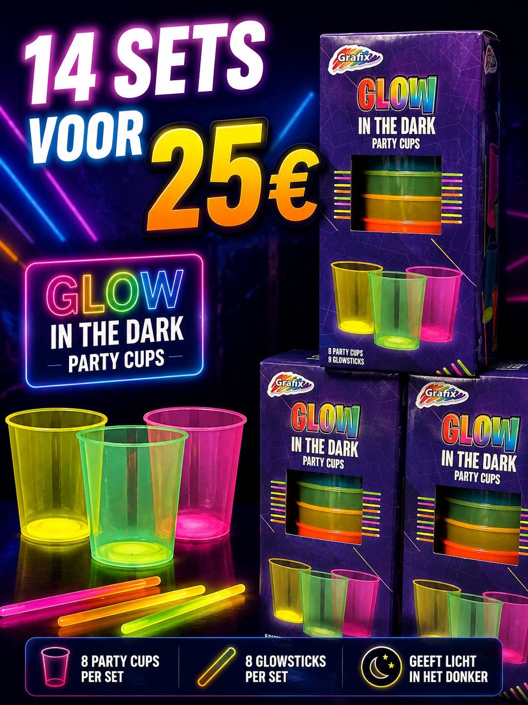 14 Sets Glow in the Dark Party Cups met Glowsticks, Ophalen of Verzenden, Nieuw, Feestartikel, Verjaardag