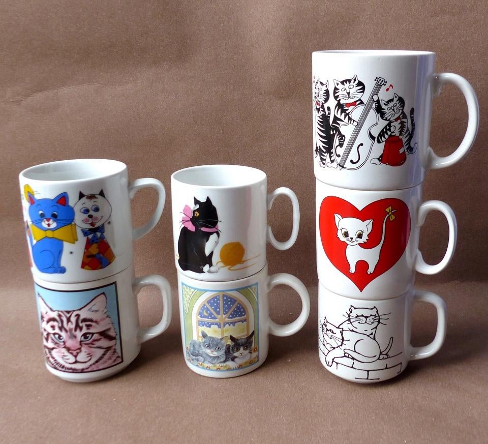 Vintage kattenbekers mokken kat poes 7x oa Japan, Monopoli, Gebruikt, Ophalen of Verzenden, Overige stijlen, Kop(pen) en/of Schotel(s)