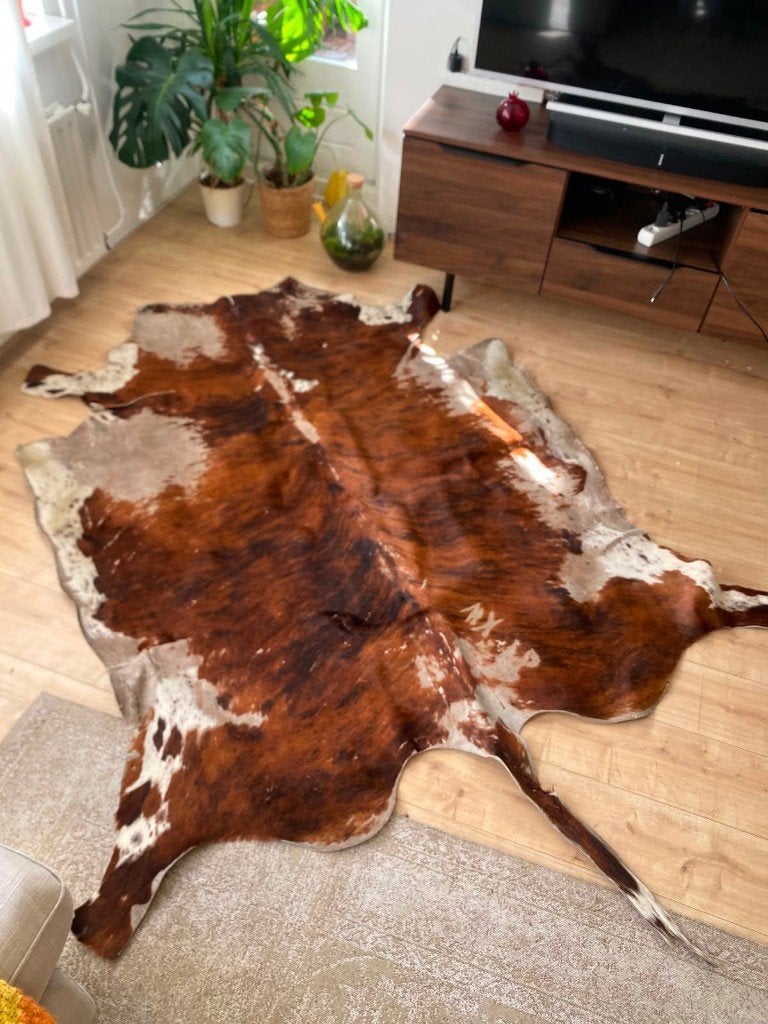 Echte koeienhuid vloerkleed bruin/wit gestroomd ca.150 cm, Ophalen, Gebruikt, Bruin, 150 tot 200 cm