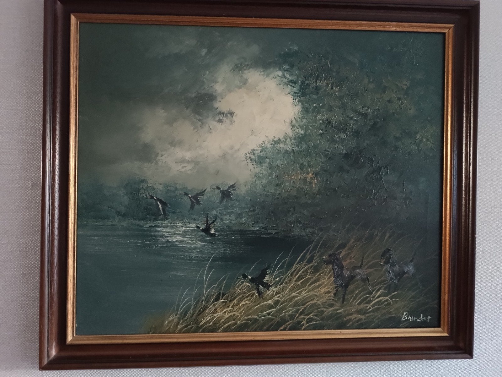 Jachttafereel met honden en eenden, gesigneerd Bhinder, Antiek en Kunst, Ophalen of Verzenden