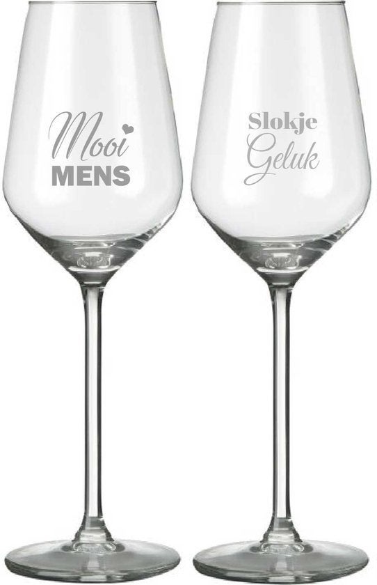 Gegraveerde rode wijnglazen 'Mooi Mens' & 'Slokje Geluk', Ophalen of Verzenden, Nieuw, Glas, Glas of Glazen