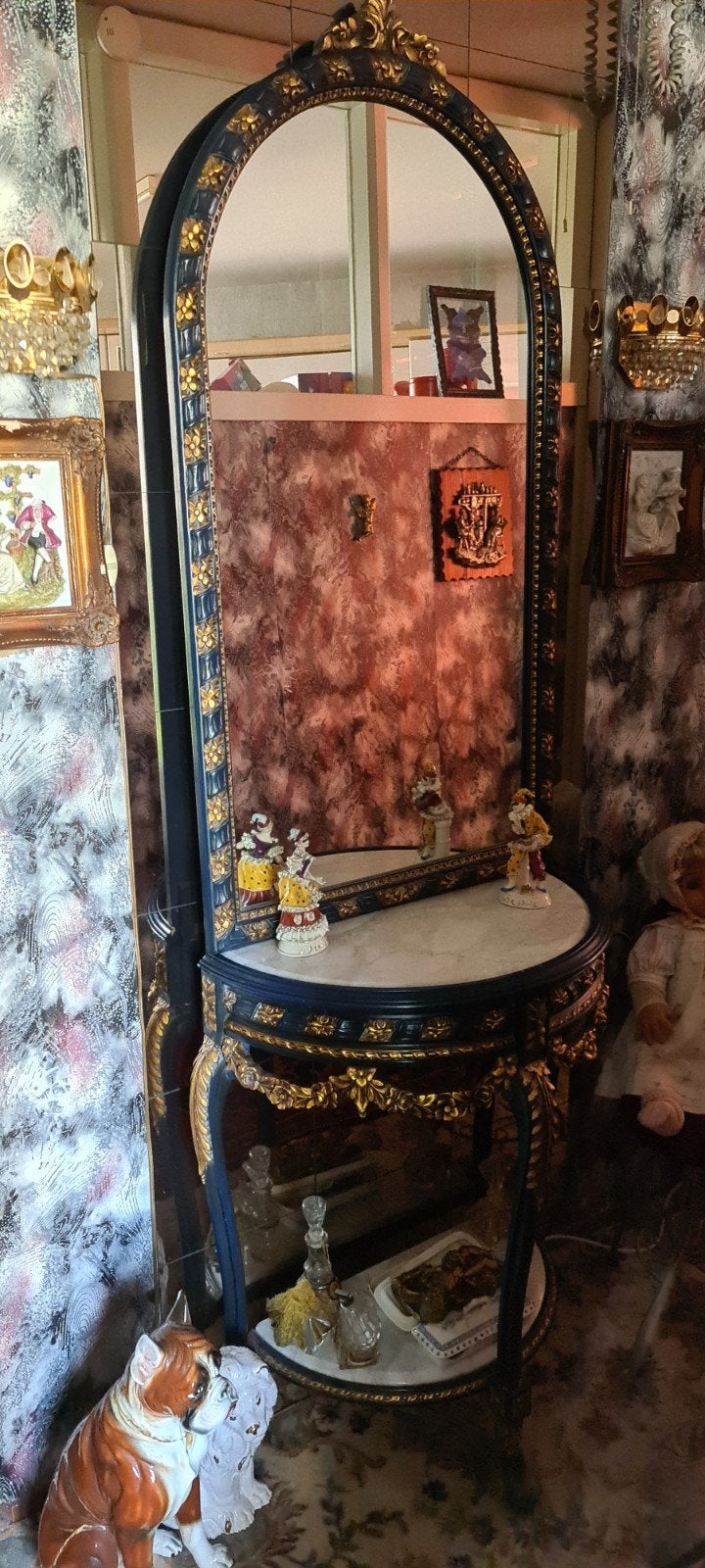 Antieke spiegel met console, barokstijl, Antiek en Kunst, Antiek | Spiegels, Ophalen of Verzenden, Rechthoekig, Minder dan 50 cm