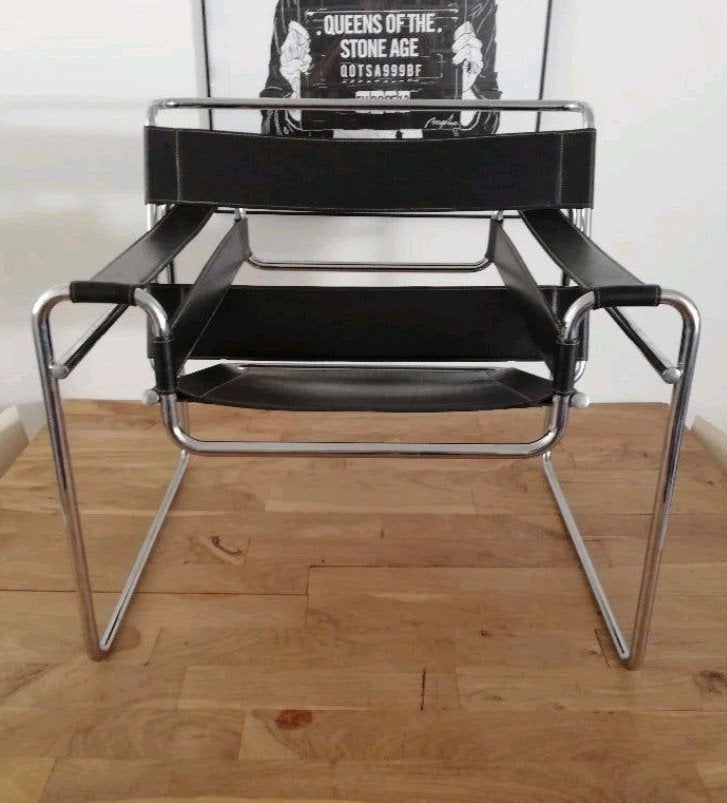 Vintage retro Marcel Breuer Bauhaus Wassily chair zwart leer, Gebruikt, 75 tot 100 cm, Ophalen of Verzenden, Vintage Bauhaus design