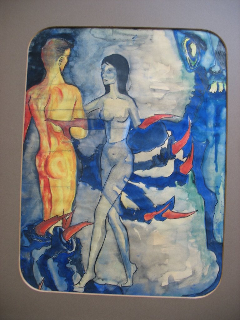 Zeldzaam Aquarel Adam en Eva met Passe-Partout Vintage, Ophalen