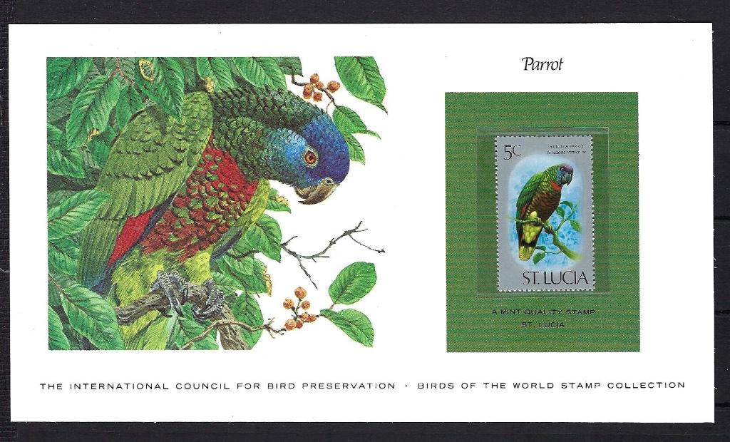 VOGELS kaart St. Lucia Parrot (zegel XX), Postzegels en Munten, Ophalen of Verzenden, Postfris, Dier of Natuur