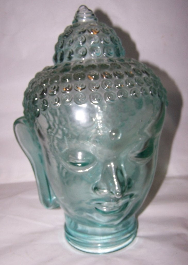 Glazen Boeddha Hoofd - Uniek Decoratiestuk. H. 29cm. Nwst., Met reliëf, Glas, Zo goed als nieuw, Groen