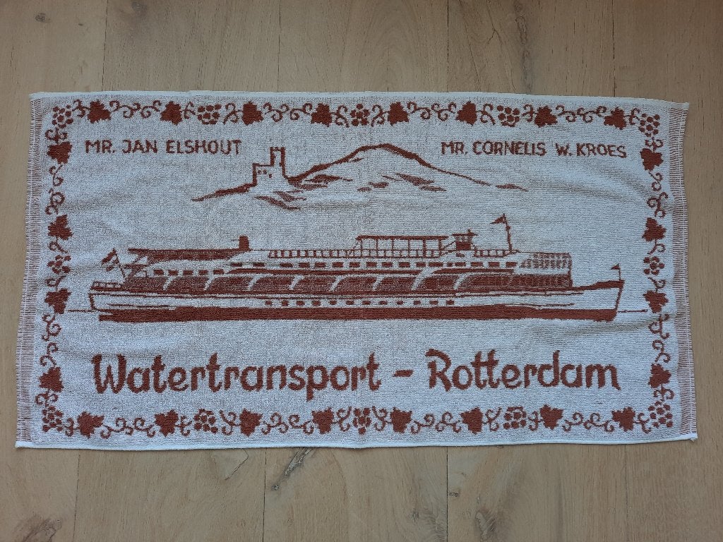 handdoek "Watertransport Rotterdam, Mr Jan Elshout", Huis en Inrichting, Ophalen of Verzenden, Gebruikt, Bruin, Handdoek