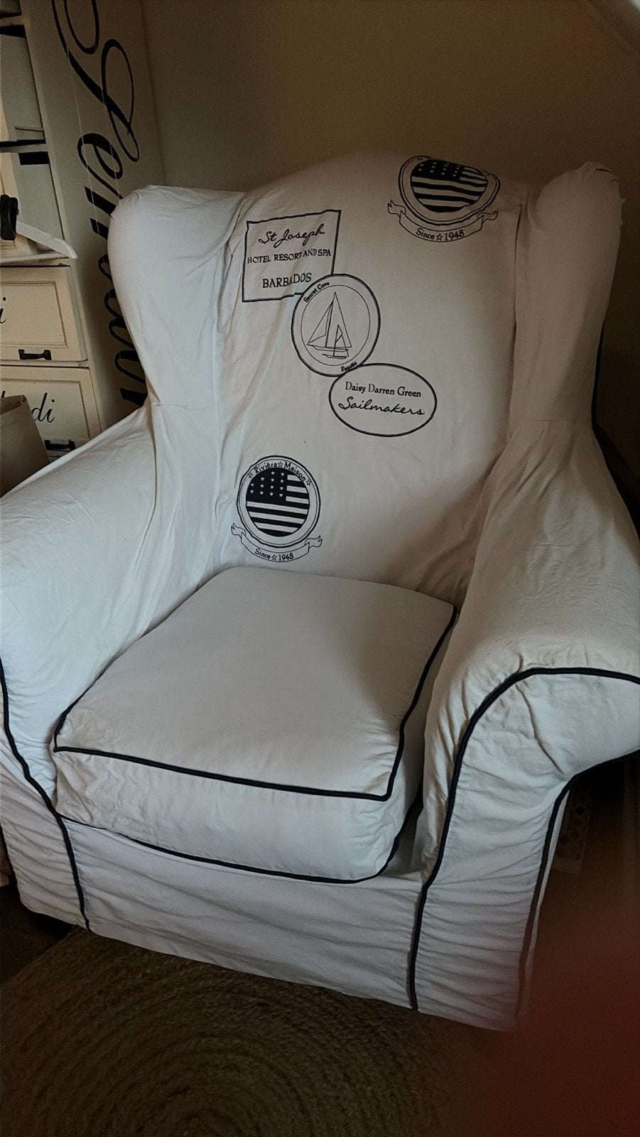 Witte fauteuil met nautische opdruk Riviera Maison, Ophalen, Wit, Zo goed als nieuw, Eén