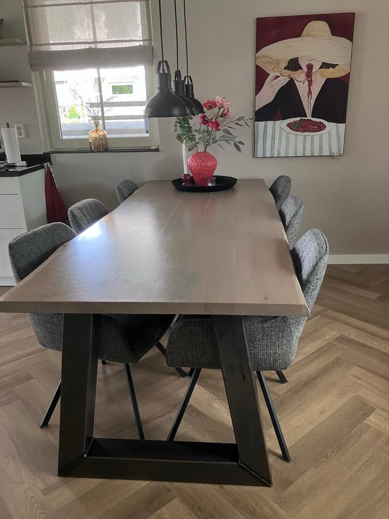 Eetkamertafel 240x100 met 6 stoelen-grijs met zwarte poten, Ophalen, Industrieel, modern, Eikenhout, 200 cm of meer