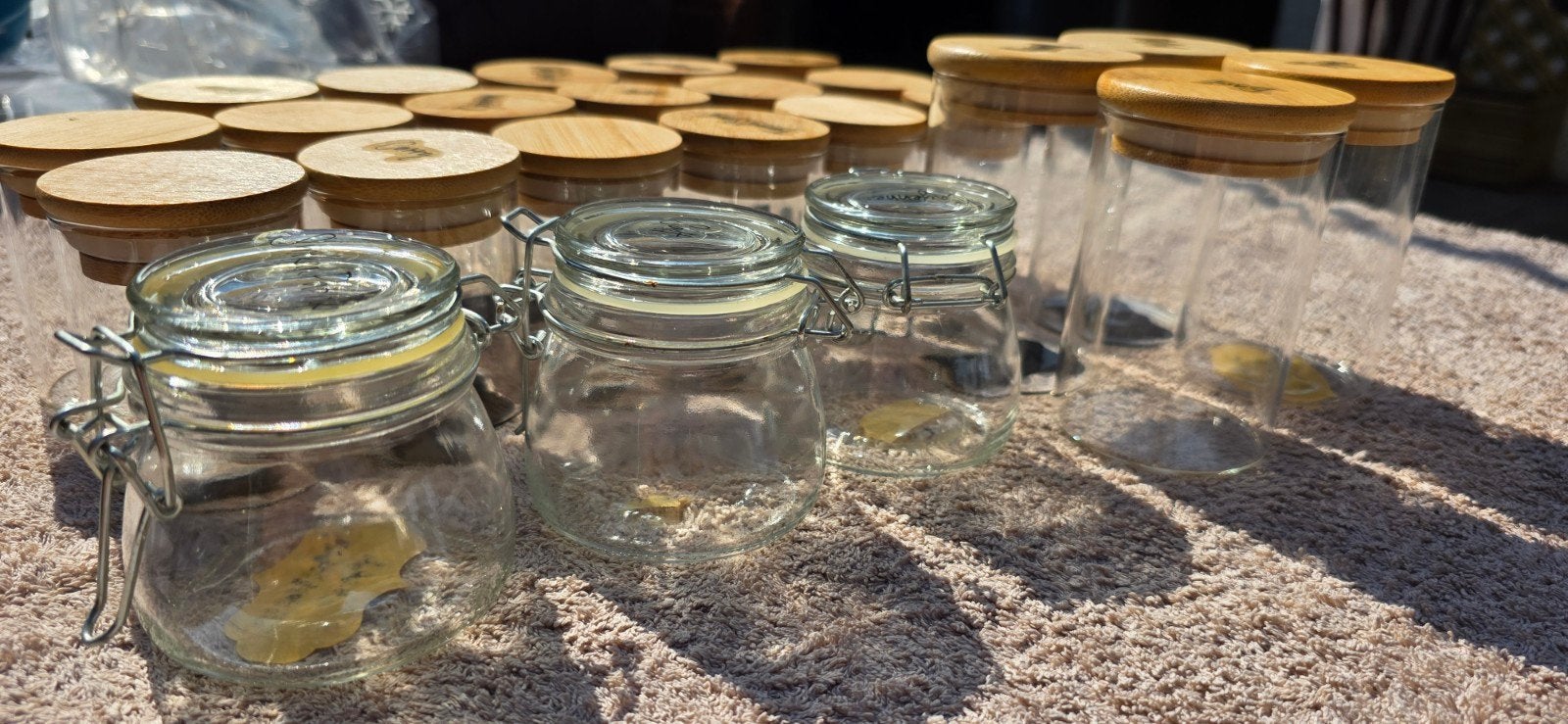 Glazen voorraadpotten met bamboe deksel en beugelsluiting, Ophalen of Verzenden, Voorraadpot, Overige merken, Glas