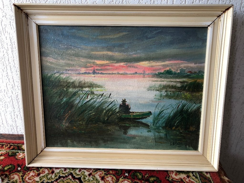Schilderij van een landschap met een visser., Ophalen of Verzenden