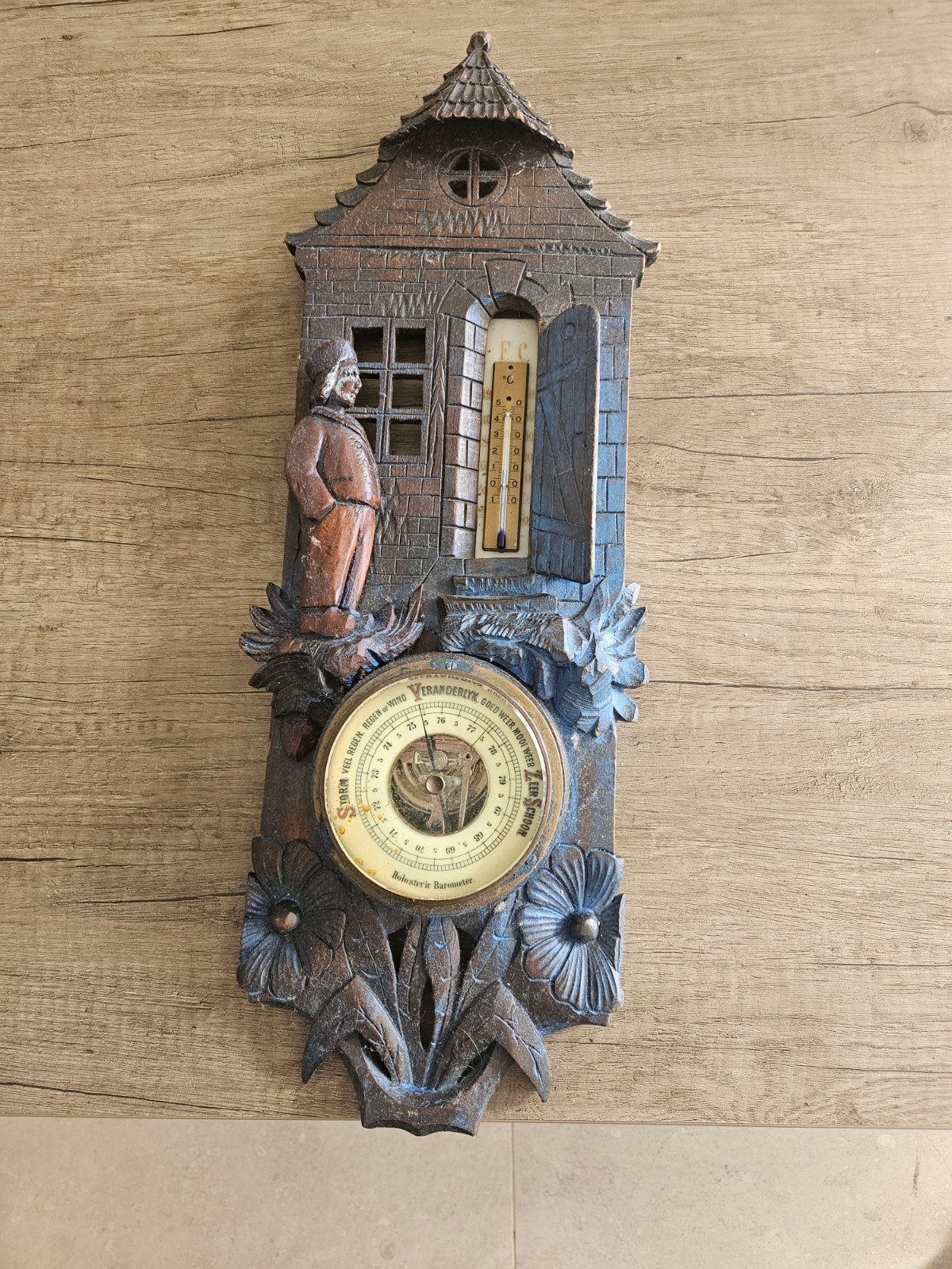 Vintage Weerstation met Barometer en Thermometer, Ophalen of Verzenden, Gebruikt, Weerstation