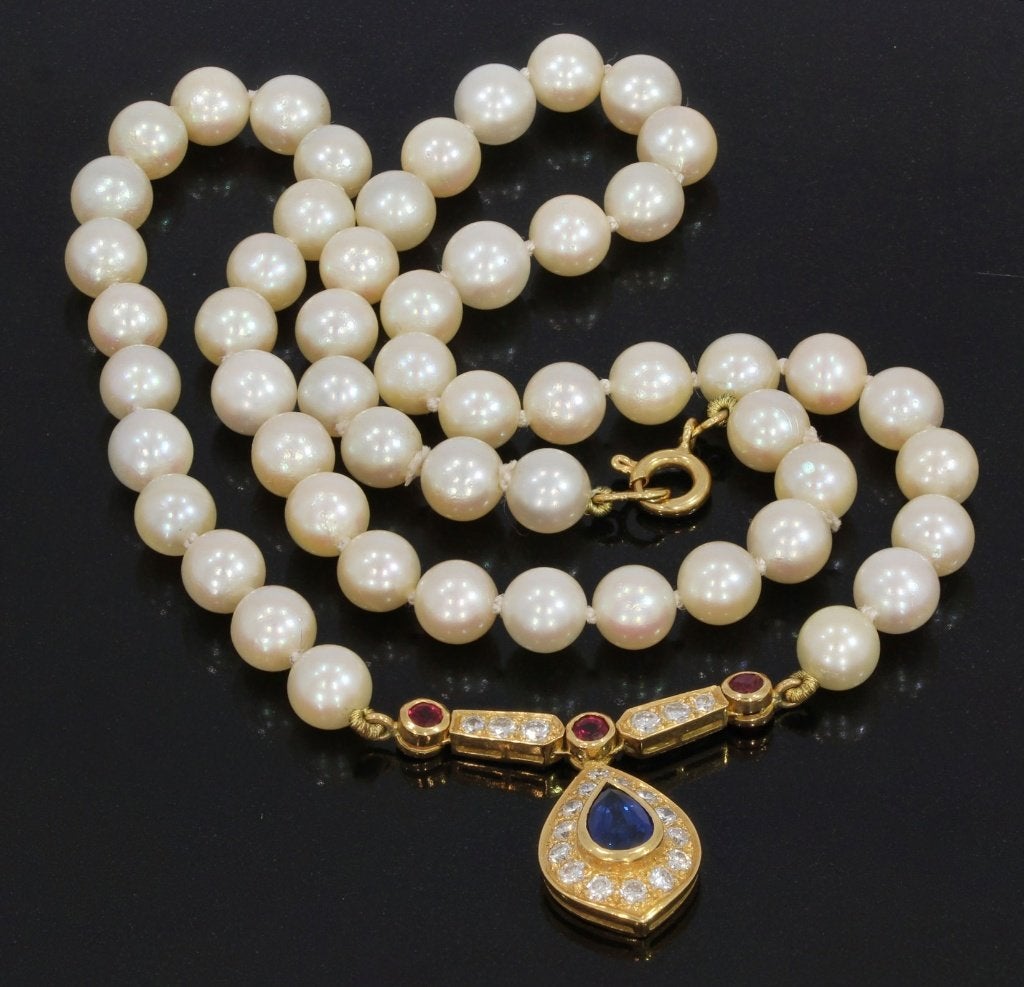 Akoya parel ketting diamant robijn saffier hanger 14k goud, Sieraden, Tassen en Uiterlijk, Kettingen, Voordeelsieraden, Ophalen of Verzenden