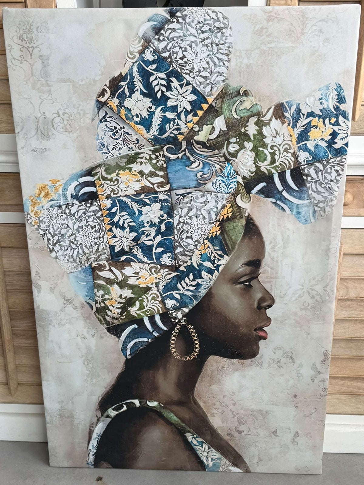 2x Groot Schilderij Afrikaanse Vrouw 75x110 cm, Ophalen of Verzenden, Op houten frame, Textiel, Figuren