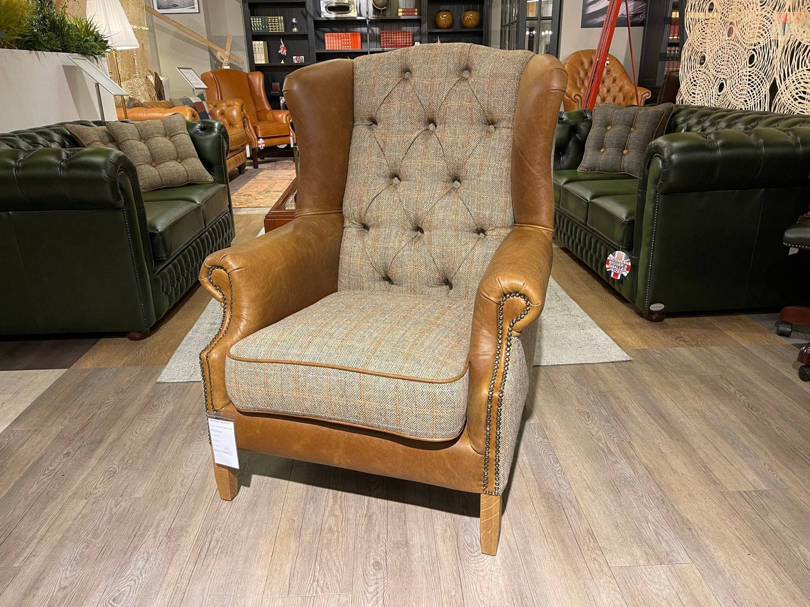 'WINDSOR' CHESTERFIELD STOF OORFAUTEUILS TWEED COGNAC Lodge, Ophalen of Verzenden, Nieuw, 75 tot 100 cm, Stof