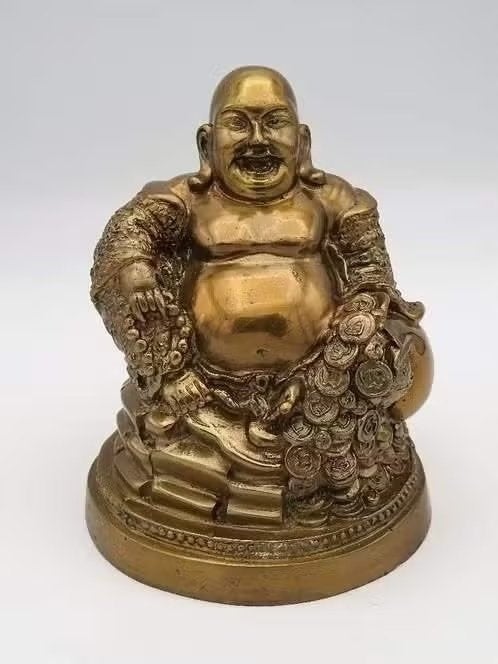 Bronzen Happy Boeddha met munten – 13 cm, 13 cm, Metaal, Ophalen of Verzenden, Zo goed als nieuw