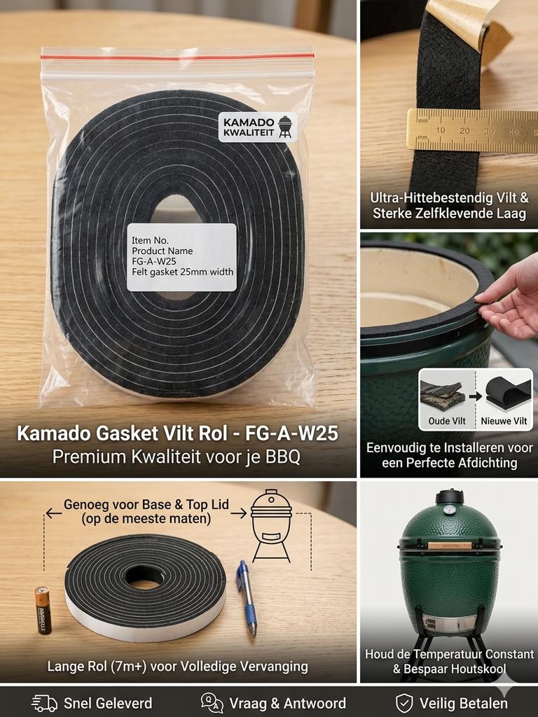 Kamado Vilt Gasket Rol (25mm) - Premium Afdichting, Met accessoires, Anton Pieckplein 117A, Info@kamadoexpress.nl, Nieuw