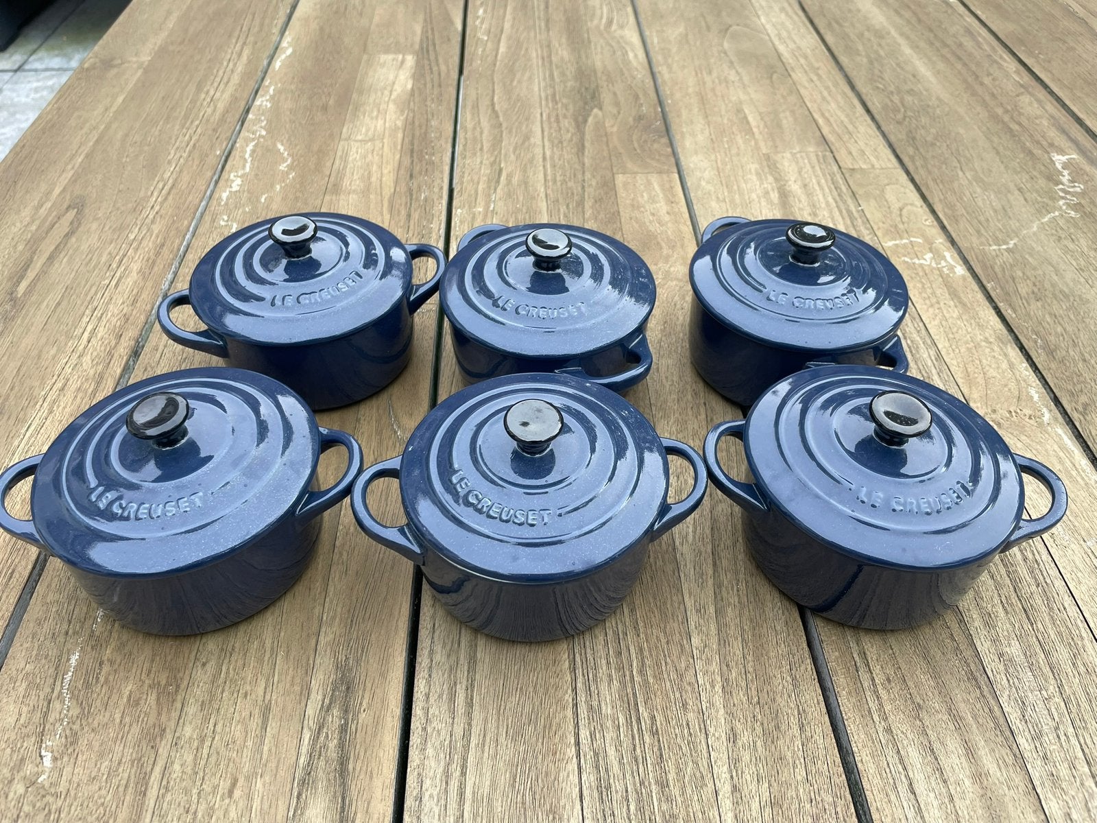 Set van 6 Le Creuset Mini Round Cocottes met deksel, Braadpan, Le Creuset, Ophalen of Verzenden, Zo goed als nieuw