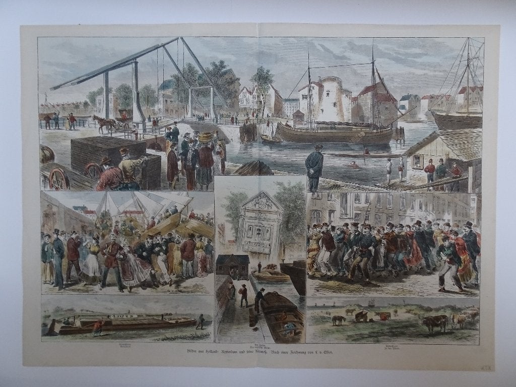 gravure kleur kermis Rotterdam trekschuit Engelse kerk 1882, Antiek en Kunst, Dagelijks leven, 1800 - 1899, Ophalen of Verzenden