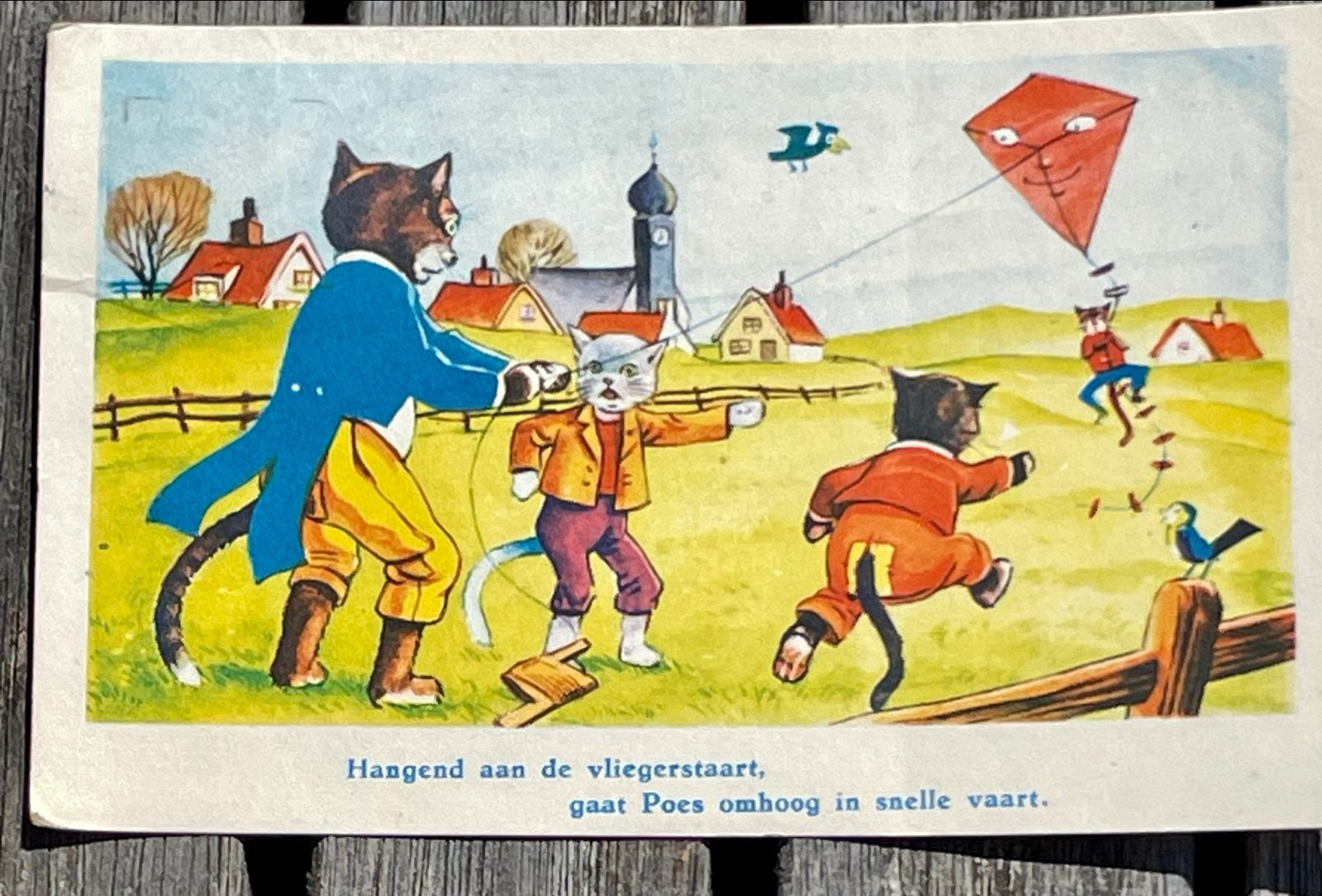 Vintage Prent: Katten met Vlieger - 'Poes omhoog in snelle v, Gebruikt, Ophalen of Verzenden, Voor 1940, Dier