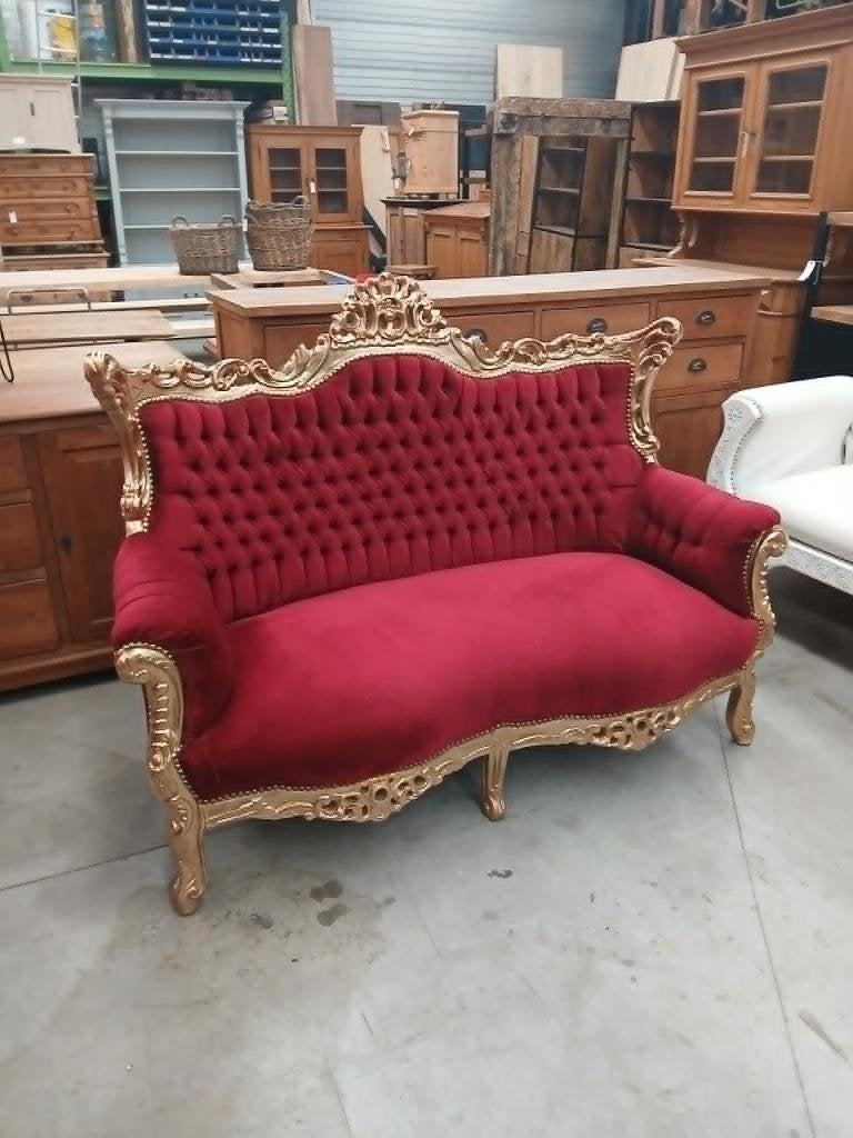 Barokke sofa verguld hout & rood fluweel, Ophalen, Gebruikt, Minder dan 75 cm, 150 tot 200 cm