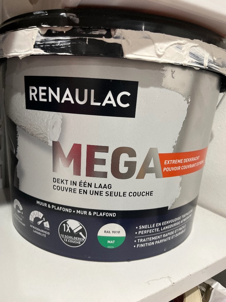 Renaulac muurverf RAL 9010 – ca. 8 liter over, Ophalen, Gebruikt, 5 tot 10 liter, Wit