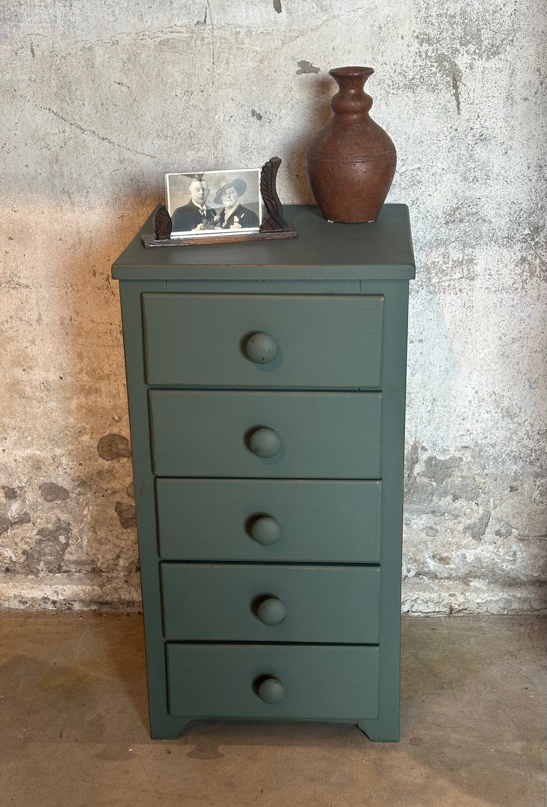Brocante ladekast - groen - basic - 5 lades, Ophalen, 50 tot 100 cm, Zo goed als nieuw, 3 of 4 laden