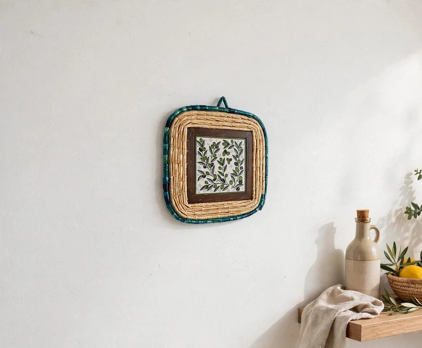 Boho Wandhanger Tegeltableau / Onderzetter - Olijfmotief, Ophalen of Verzenden, Zo goed als nieuw, Boho