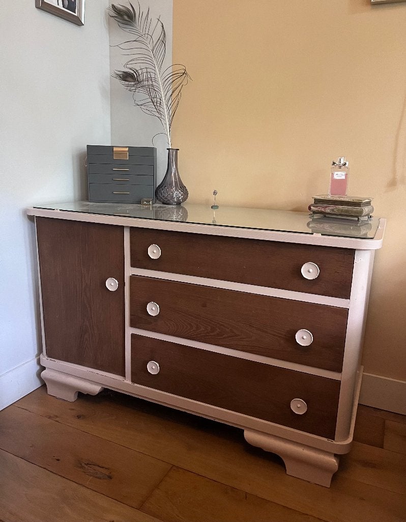 Wooden vintage dressoir, Ophalen, Gebruikt, 100 tot 150 cm, Glas