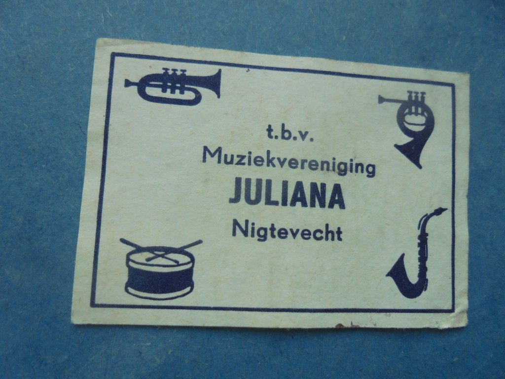 Oud luciferetiket Muziekv Juliana NIGTEVECHT, Stichtse Vecht, Verzamelen, Rookartikelen, Aanstekers en Luciferdoosjes, Ophalen of Verzenden