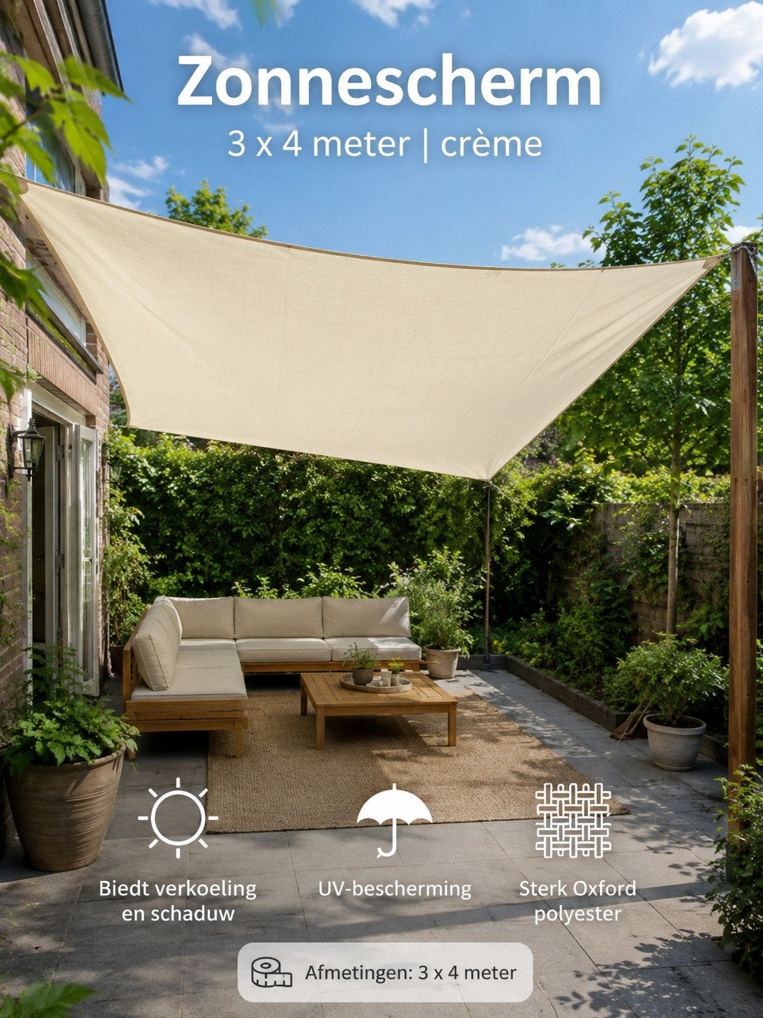 vidaXL Rechthoekig Zonnescherm 3x4 m Crèmekleurig, Ophalen of Verzenden, Nieuw, Knikarmscherm
