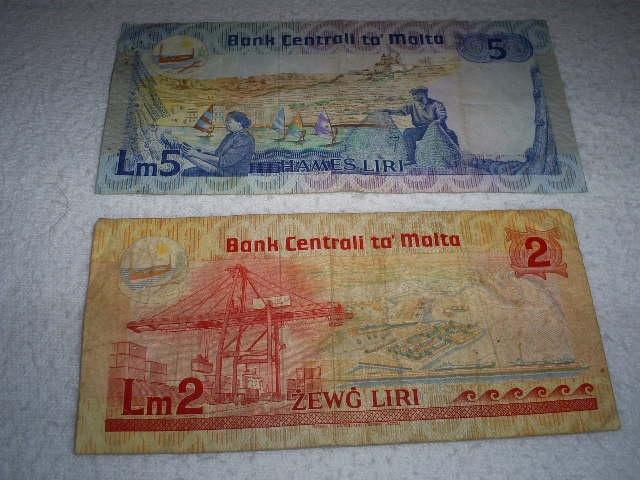 1967 malta 5 en 2 lira billjetten, Ophalen of Verzenden, Overige landen, Los biljet