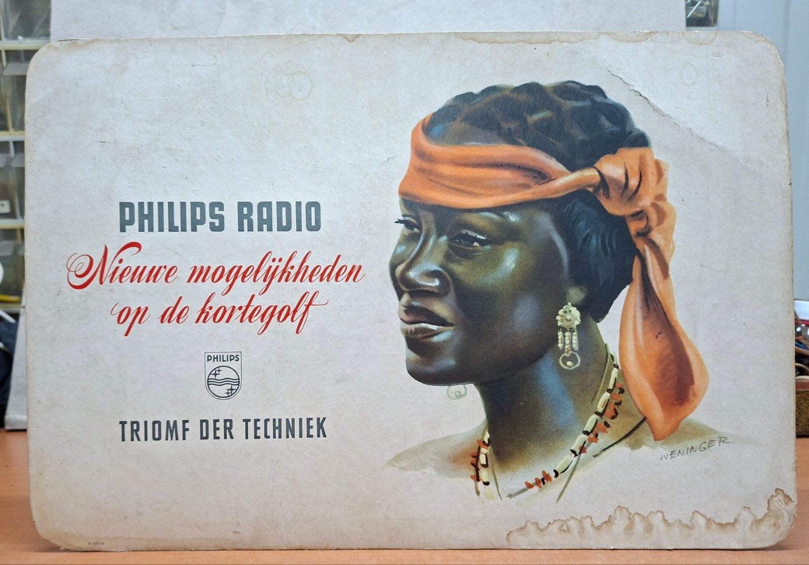 Vintage Philips radio etalagereclamebord uit 1949, Ophalen, Gebruikt, Reclamebord