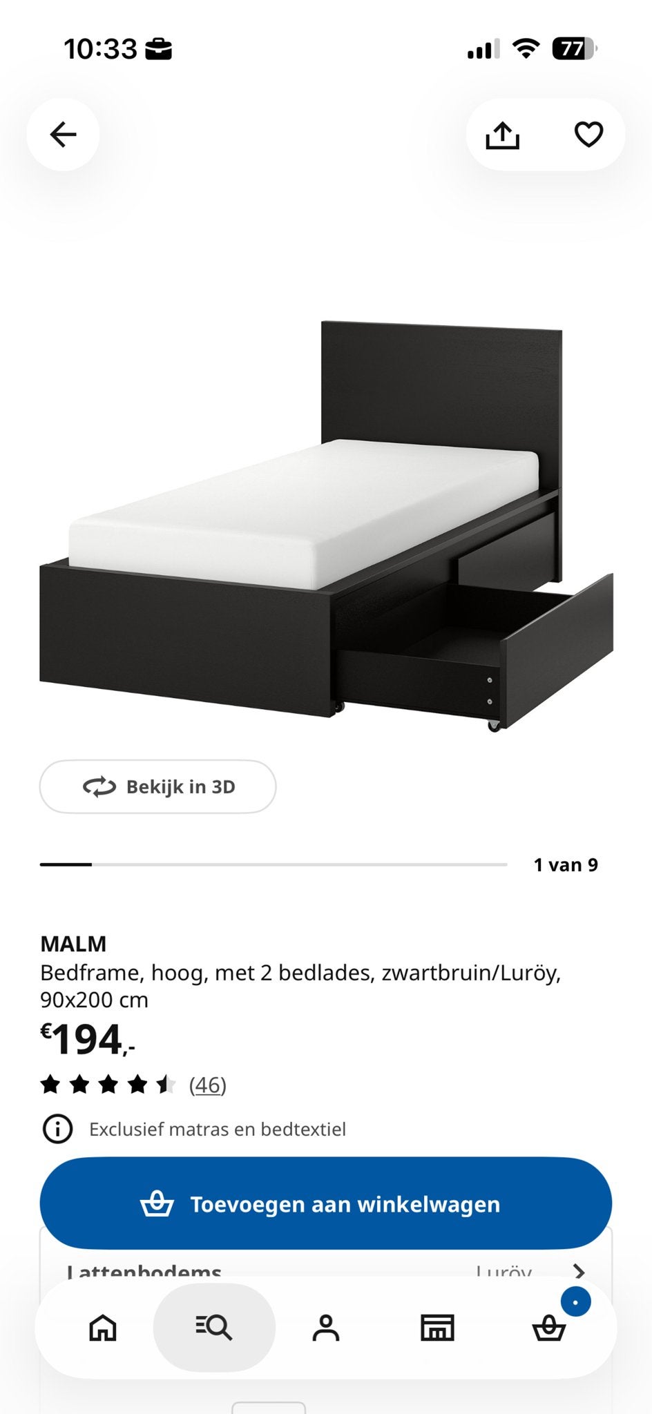 IKEA MALM Bedframe met 2 lades, zwartbruin, 90x200 cm, Ophalen, 90 cm, Eenpersoons, Zwart
