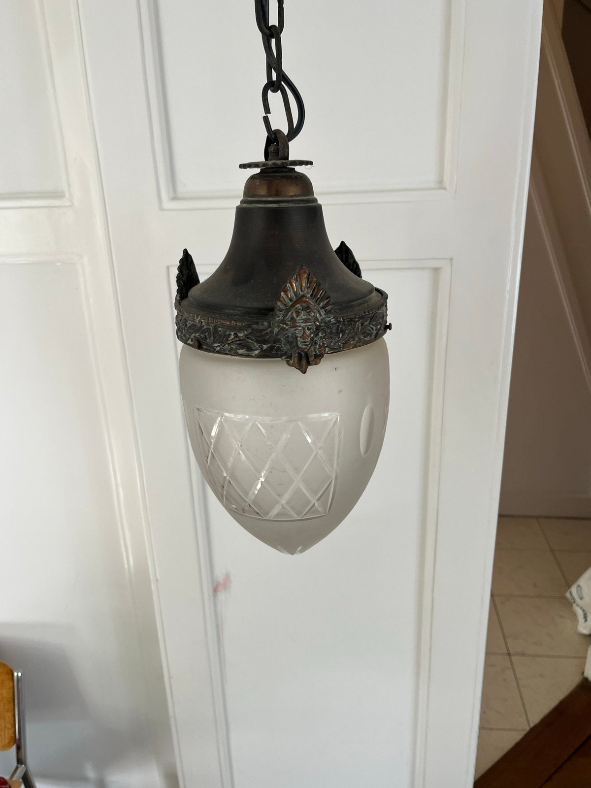 Antieke hanglamp met geëtst glas en bronzen details, Ophalen
