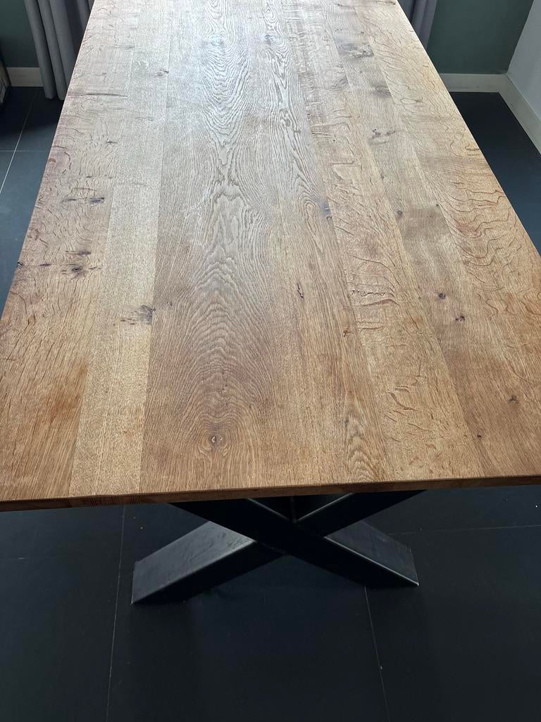 Eiken eettafel met ijzeren X-poot - 200x90x78 cm, Gebruikt, Eikenhout, Vijf personen of meer, 150 tot 200 cm