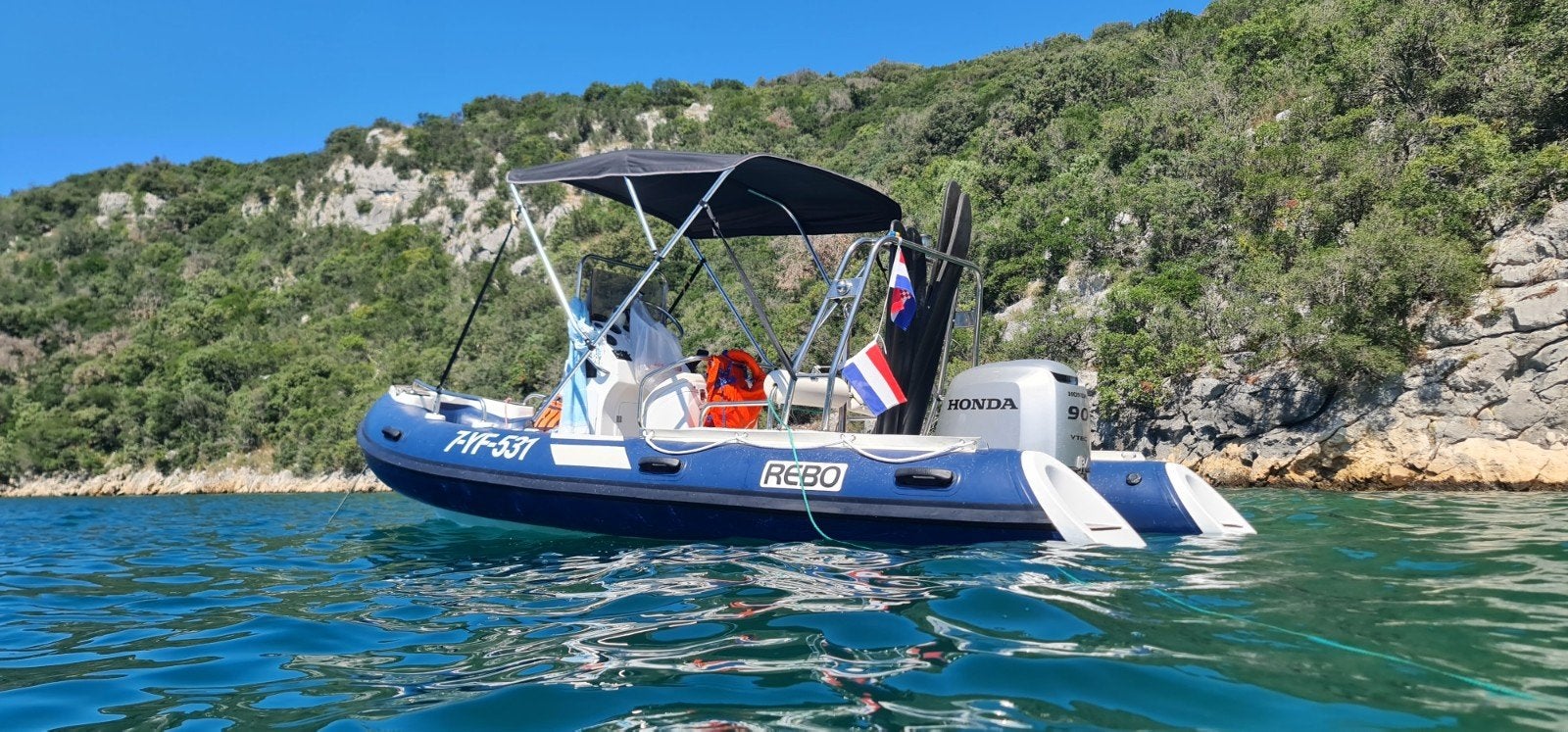 Rebo 540 Hypalon RIB met Honda 90PK en Freewheel trailer, Watersport en Boten, 5 m, Zo goed als nieuw, 2 m, 90 pk