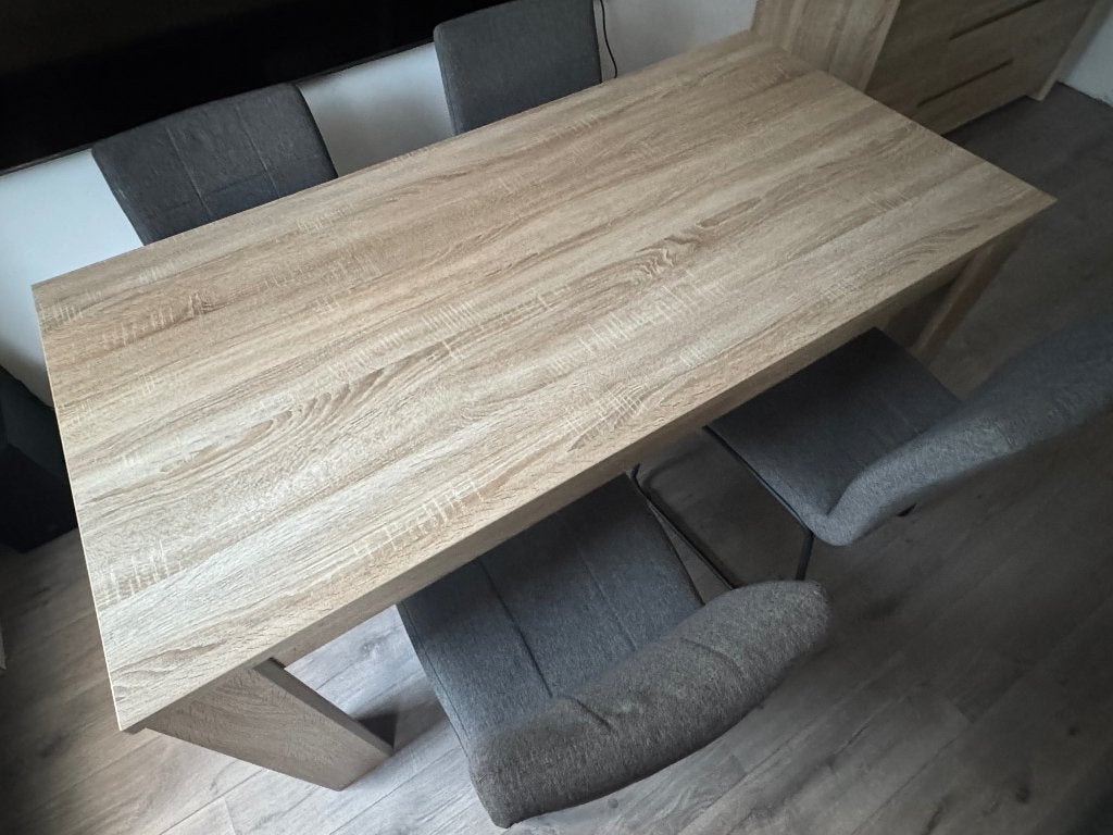 Eettafel HASLUND + 4 bijpassende stoelen, Ophalen, Gebruikt, Eikenhout, 50 tot 100 cm