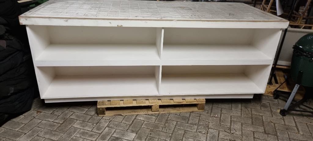 Grote houten presentatietafel met tegelblad – 250x90 cm, Huis en Inrichting, Tafels | Eettafels, Ophalen, Gebruikt, 200 cm of meer