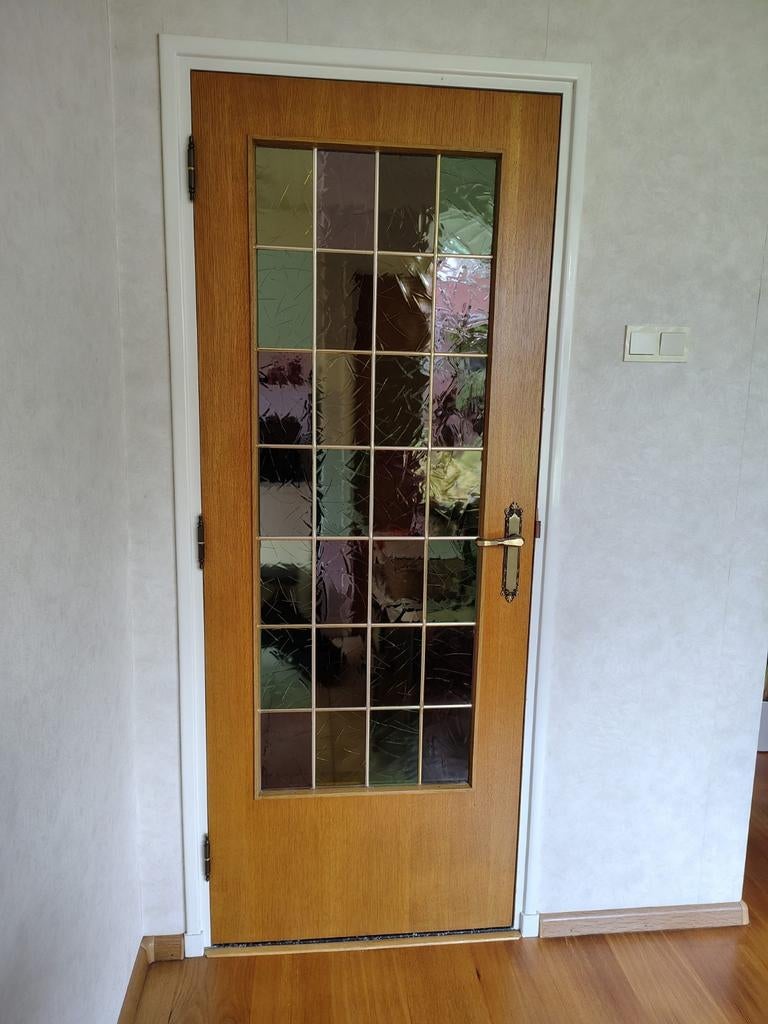 Houten binnendeur met glas-in-lood effect, Doe-het-zelf en Verbouw, Deuren en Horren, Ophalen, Gebruikt, Minder dan 80 cm, Binnendeur