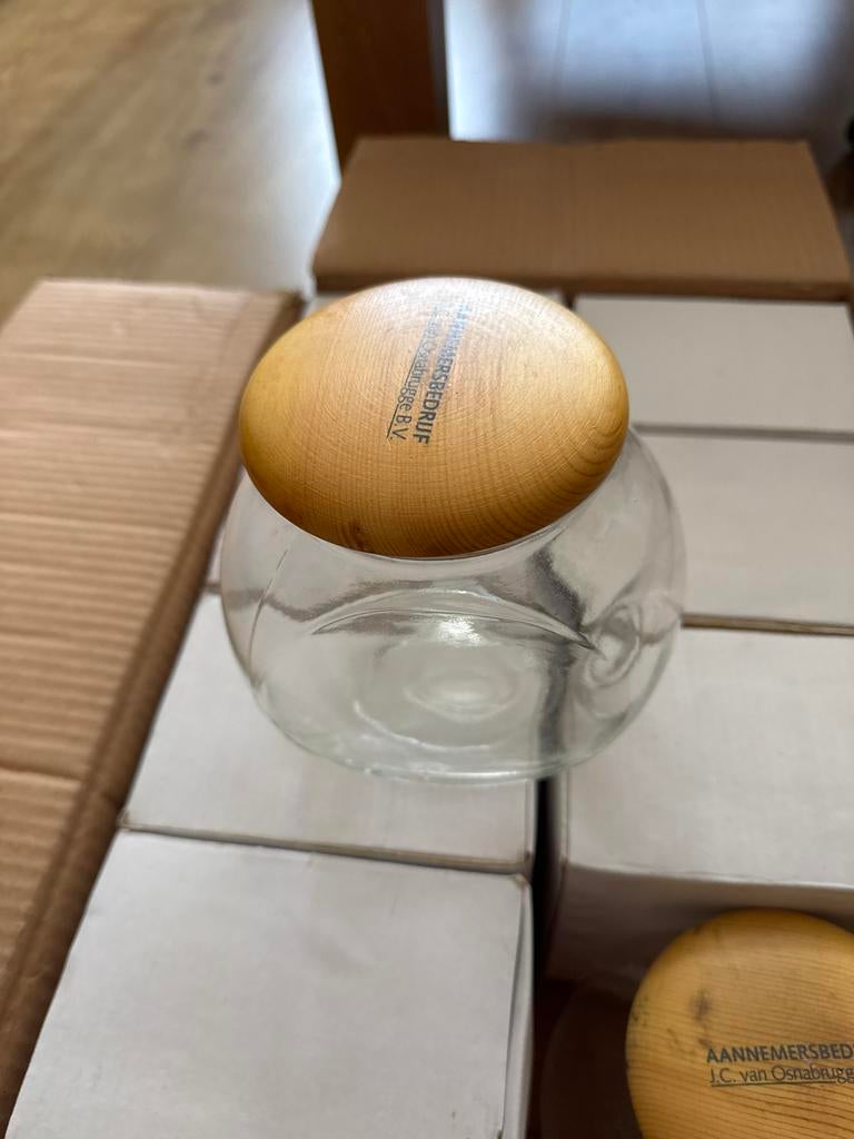 Glazen pot met houten deksel - Aannemersbedrijf, Ophalen, Schaal, Rond, Nieuw