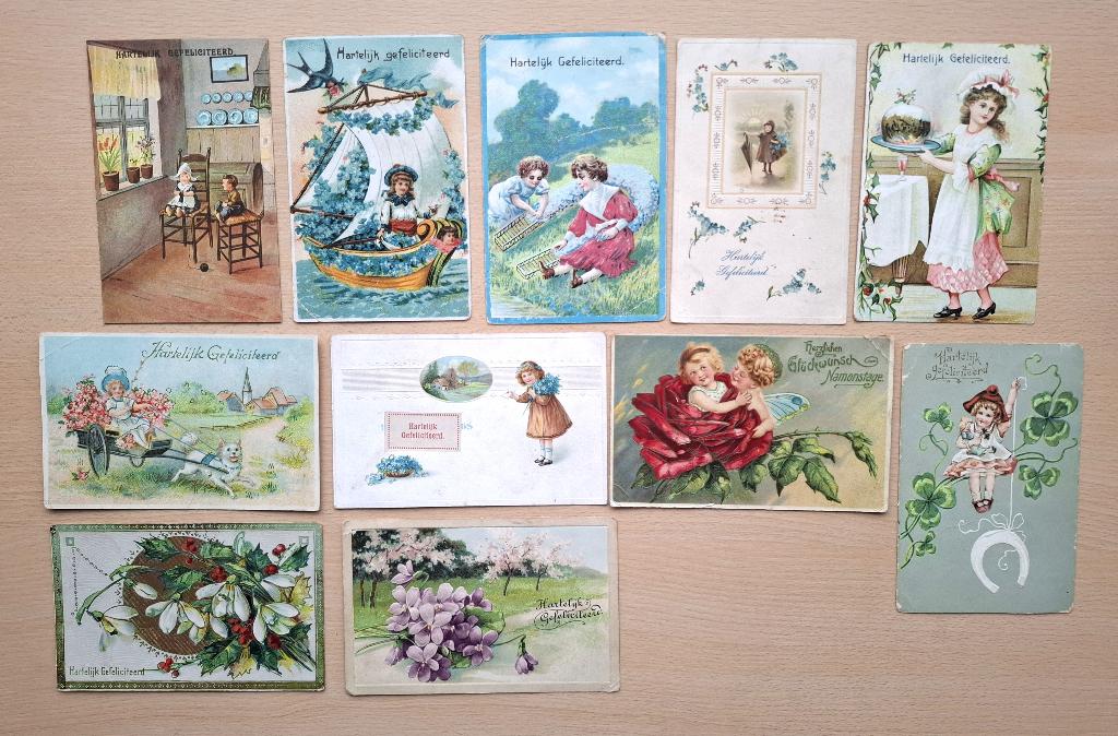11 Ansichtkaarten gefeliciteerd 1910-1920 in kleur, Verzamelen, Ansichtkaarten | Themakaarten, Verzenden, Voor 1920, Gelopen, Feest(dag)