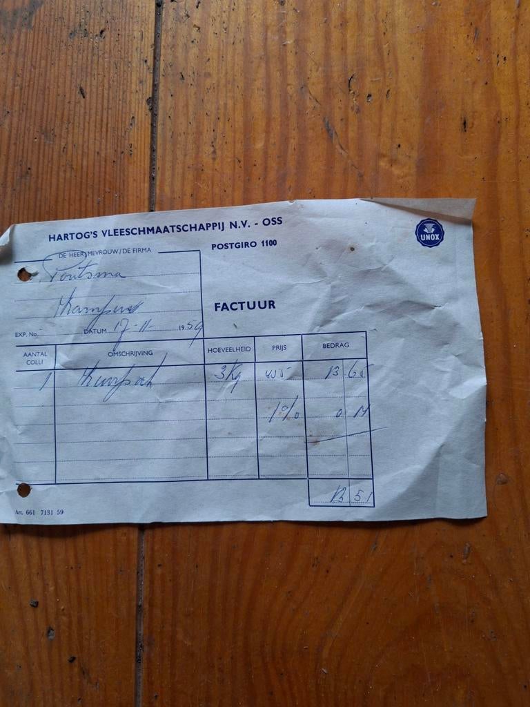 Historische factuur Hartog's Vleeschmaatschappij 1954, Ophalen of Verzenden, Gebruikt, Overige typen