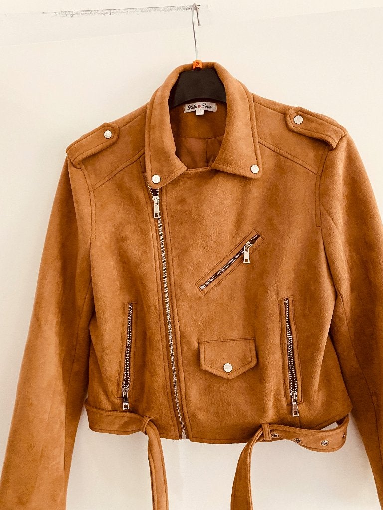 Lulu Love suède look bikerjack - Maat L, Kleding | Dames, Bruin, Maat 42/44 (L), Ophalen of Verzenden, Zo goed als nieuw